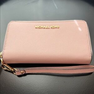 Michael Kors Pink Saffiano Wristlet Wallet with Gold Logo